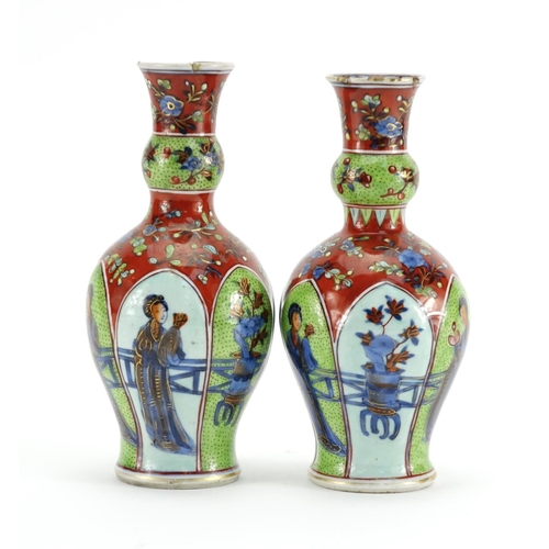 330 - Pair of Chinese porcelain vases, hand painted with panels of figures and flowers, Kangxi leaf mark t... 