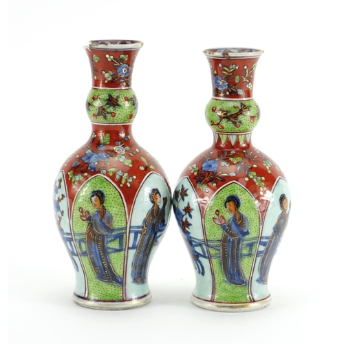 330 - Pair of Chinese porcelain vases, hand painted with panels of figures and flowers, Kangxi leaf mark t... 