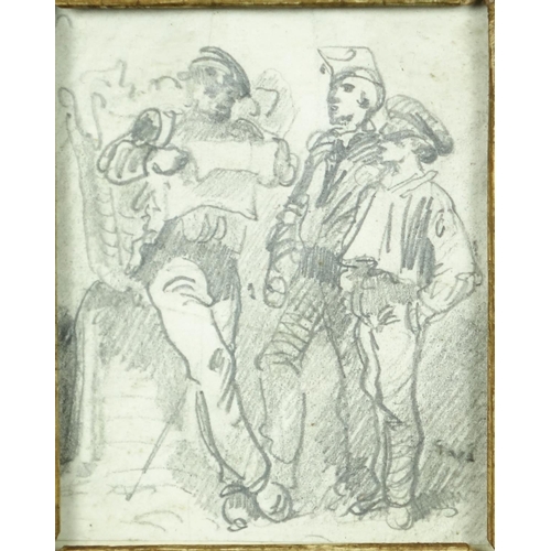 1010 - Soldiers at rest, 19th century graphite drawing, 8.5cm x 7cm