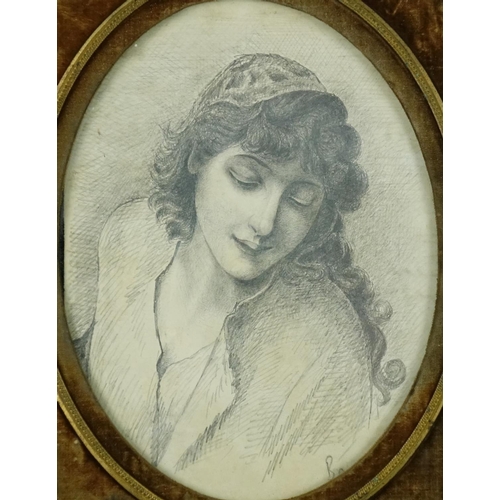 1005 - Oval portrait of a young female, pencil on paper, bearing a signature Bonnard, mounted and framed, 2... 