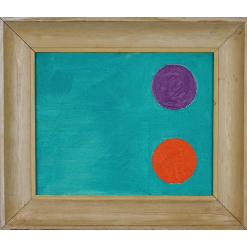 1003 - After Patrick Heron - Two discs on turquoise, oil on masonite, inscribed verso, mounted and framed, ... 