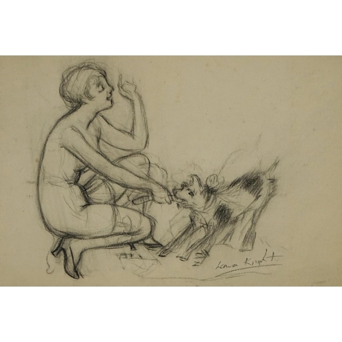 1002 - Manner of Laura Knight - Young female feeding her dog, pencil on card, mounted and framed, 27.5cm x ... 
