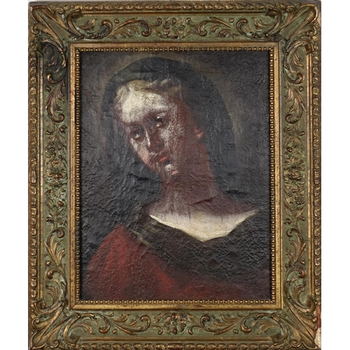 955 - Head and shoulders portrait of Madonna, 17th century oil on canvas laid on board, framed, 39.5cm x 2... 