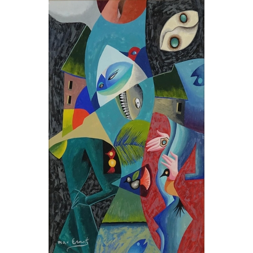 946 - Abstract composition, surreal figures and shapes, gouache, bearing a signature Max Ernst, mounted an... 