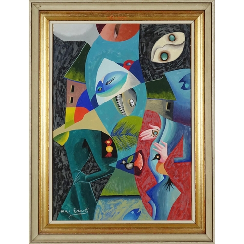 946 - Abstract composition, surreal figures and shapes, gouache, bearing a signature Max Ernst, mounted an... 