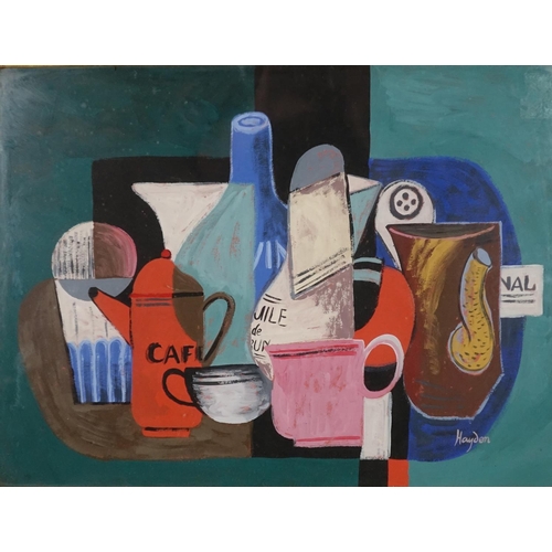 871 - Abstract composition, still life coffee cups and kettle, gouache, bearing a signature Haydon, mounte... 