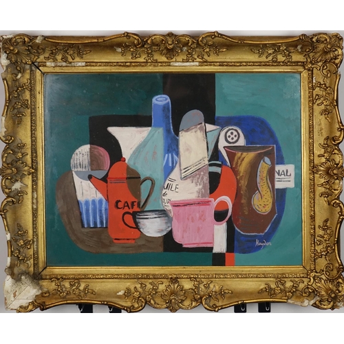 871 - Abstract composition, still life coffee cups and kettle, gouache, bearing a signature Haydon, mounte... 