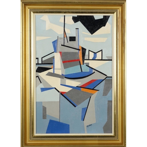 882 - Abstract composition, geometric shapes, oil on board, bearing a signature Quirt, mounted and framed,... 