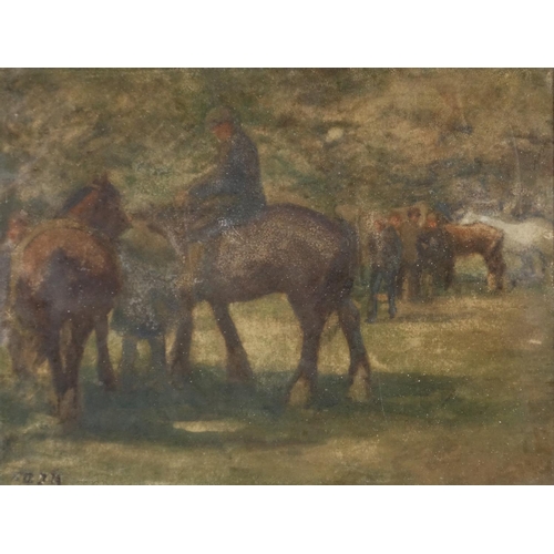 949 - Horse fair, early 20th century watercolour, bearing a monogram AJM, mounted and framed, 30cm x 23.5c... 
