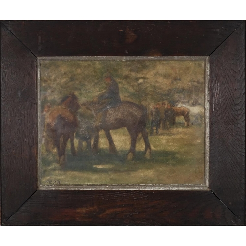 949 - Horse fair, early 20th century watercolour, bearing a monogram AJM, mounted and framed, 30cm x 23.5c... 