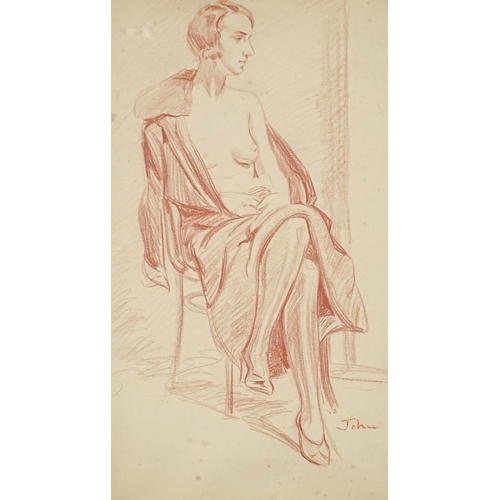 928 - Portrait of a semi nude female in an interior, red chalk on paper, bearing a signature John, mounted... 