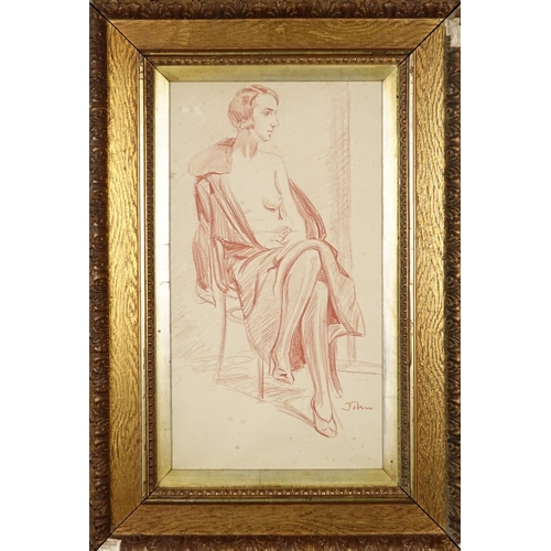 928 - Portrait of a semi nude female in an interior, red chalk on paper, bearing a signature John, mounted... 