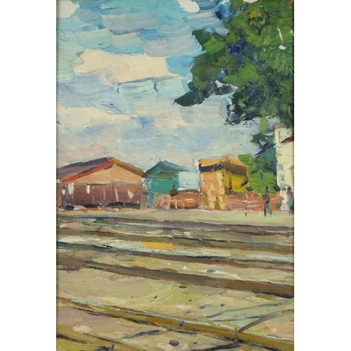 893 - Railway line before buildings, Russian school oil, inscribed verso, mounted and framed, 40cm x 27.5c... 