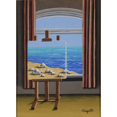 961 - Artists easel with canvas before a window, gouache on card, bearing a signature Magritte, mounted an... 