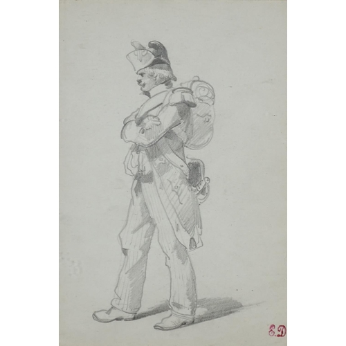 880 - Portrait of a soldier, 19th century pencil on paper, bearing a monogram ED, mounted and framed, 21.5... 