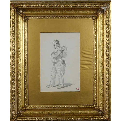880 - Portrait of a soldier, 19th century pencil on paper, bearing a monogram ED, mounted and framed, 21.5... 
