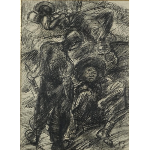 878 - Three Asian soldiers, black chalk, bearing a monogram FB, mounted and framed, 32cm x 23cm