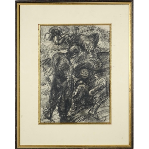 878 - Three Asian soldiers, black chalk, bearing a monogram FB, mounted and framed, 32cm x 23cm