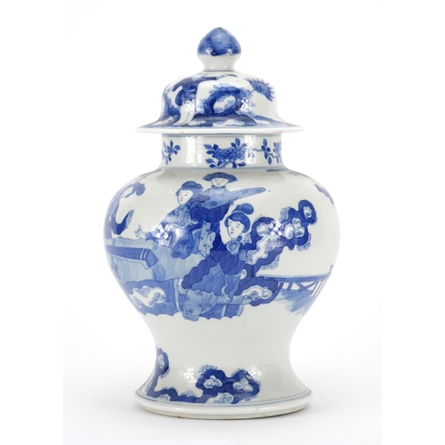 325 - Chinese blue and white porcelain baluster jar and cover, hand painted with figures in a palace setti... 