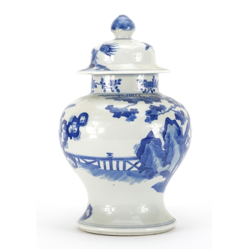 325 - Chinese blue and white porcelain baluster jar and cover, hand painted with figures in a palace setti... 