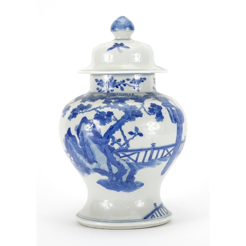 325 - Chinese blue and white porcelain baluster jar and cover, hand painted with figures in a palace setti... 