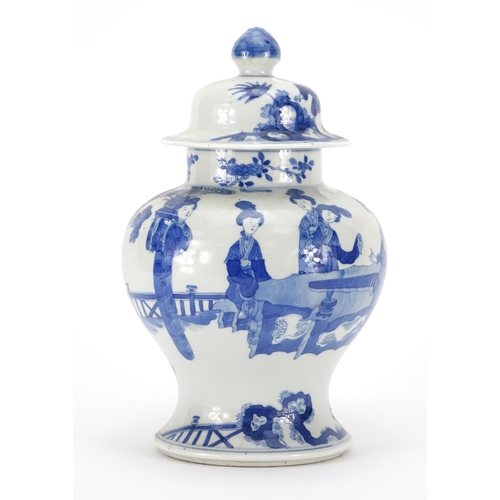 325 - Chinese blue and white porcelain baluster jar and cover, hand painted with figures in a palace setti... 