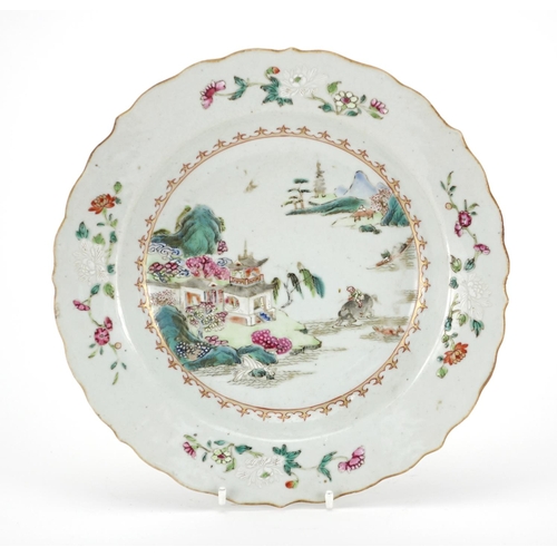 289 - Chinese porcelain shallow dish, hand painted in the famille rose palette with a river landscape, 23c... 