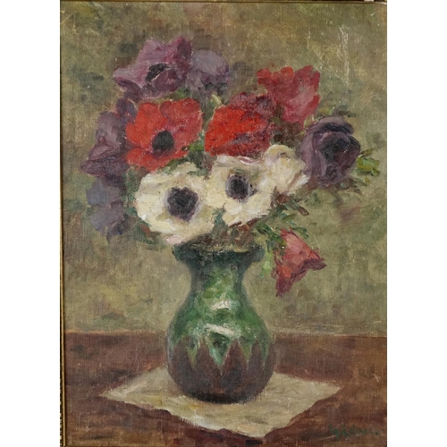 939 - Still life flowers in a vase, oil on canvas board, bearing an indistinct signature possibly G Liogen... 