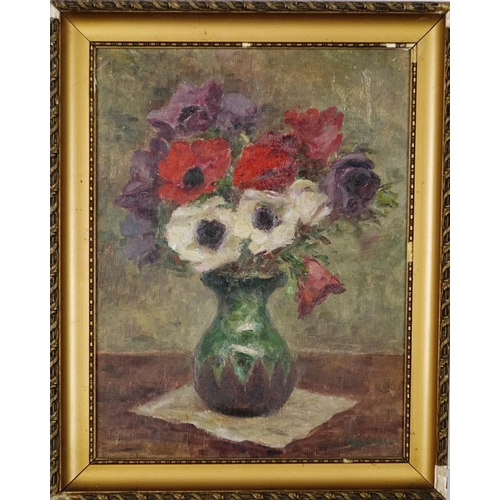 939 - Still life flowers in a vase, oil on canvas board, bearing an indistinct signature possibly G Liogen... 