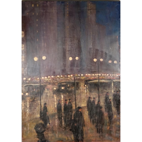 902 - After Guy Wiggins - American street scene, Lower 5th Avenue, oil on canvas, inscribed label verso, u... 