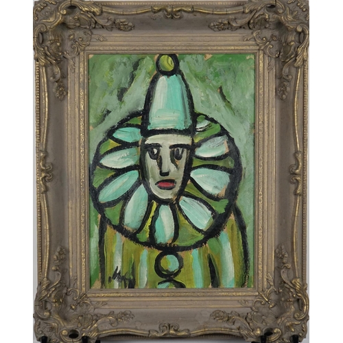 905 - Portrait of a clown, Irish school oil on board, bearing an indistinct signature, mounted and framed,... 