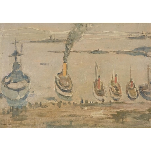 992 - Continental port with boats, oil on canvas, bearing an indistinct signature and inscriptions verso, ... 