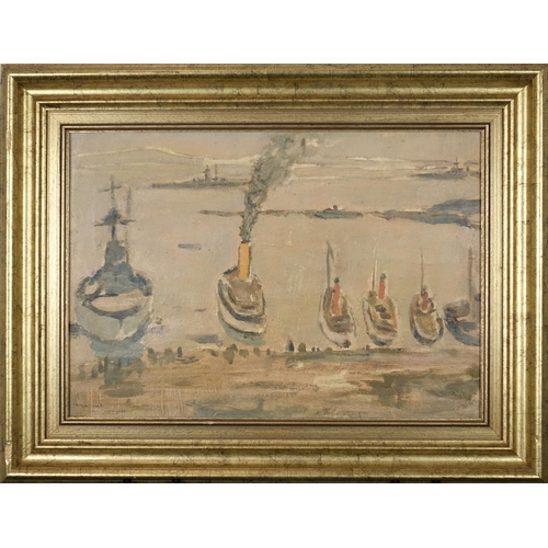 992 - Continental port with boats, oil on canvas, bearing an indistinct signature and inscriptions verso, ... 