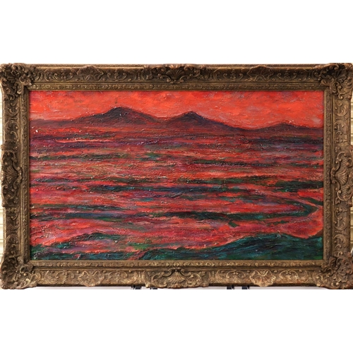 1000 - Red sky landscape, oil on canvas, bearing an indistinct signature possibly Taynr? mounted and framed... 