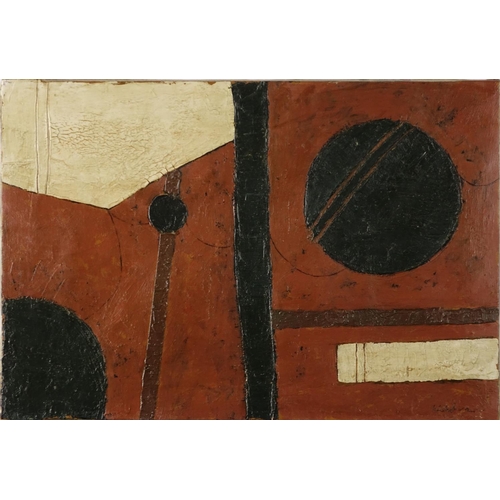 925 - Abstract composition, geometric shapes, impasto oil on canvas, bearing an indistinct signature, labe... 