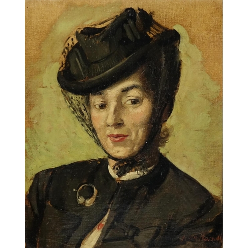 957 - Joan Hassall - Head and shoulders portrait of a female oil on board, inscribed Scottish Society of W... 