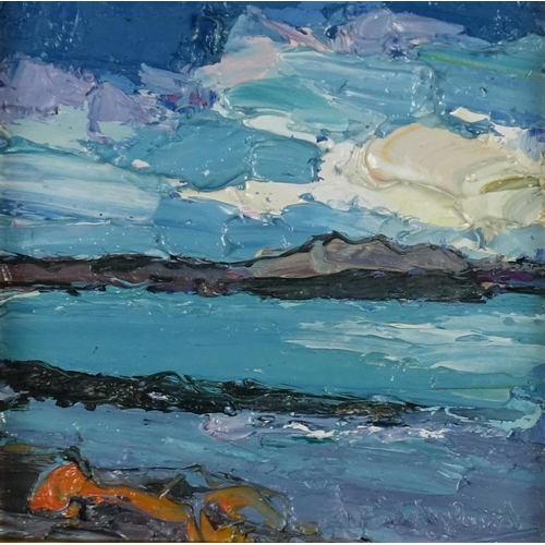 938 - Judith Bridgland - Study evening cloud, Paps of Jura, impasto oil, label verso, mounted and framed, ... 