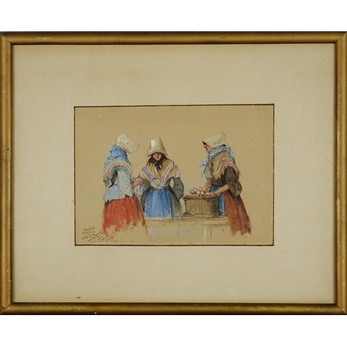 1006A - W B Northey - Market women, 19th century heightened watercolour, inscribed verso, mounted and framed... 