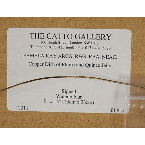 900 - Pamela Kay - Copper dish of plums and quince jelly, watercolour, inscribed label and The Catto Galle... 