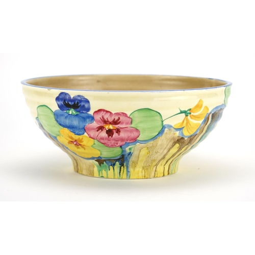 524 - Clarice Cliff Bizarre pottery bowl, hand painted in the Pansy Delicia pattern, factory marks to the ... 