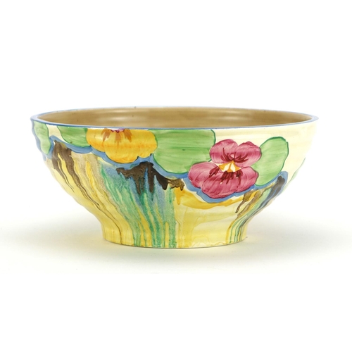 524 - Clarice Cliff Bizarre pottery bowl, hand painted in the Pansy Delicia pattern, factory marks to the ... 