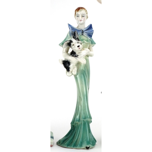 562 - Four Art Deco hand painted pottery figurines, the largest of a Spanish dancer, each with impressed m... 