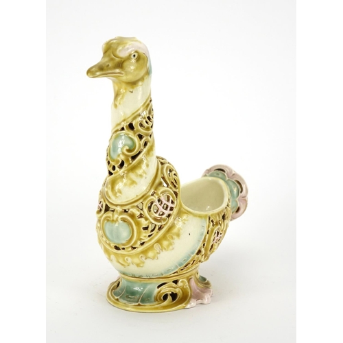 558 - Hungarian reticulated pottery goose vase by Zsolnay Pecs, factory marks and numbered 4233 to the bas... 