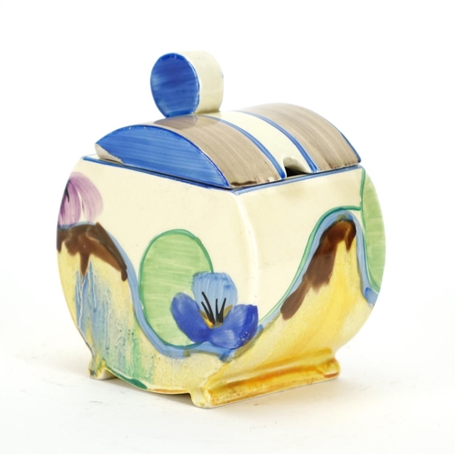 525 - Clarice Cliff Newport pottery jam pot and cover, hand painted in the Pansy Delicia pattern, 10.5cm h... 