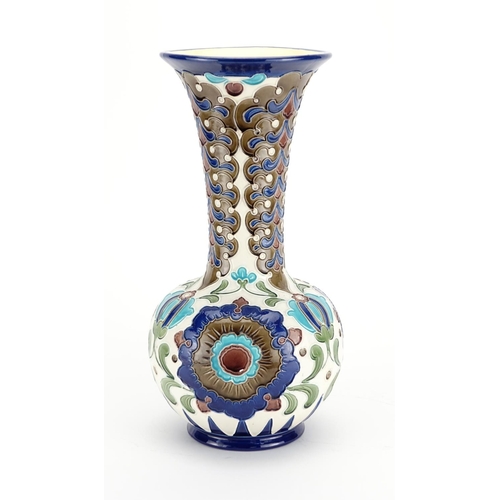 542 - Large Burmantofts faience glazed Partie-Colour vase, hand painted with stylised flowers, impressed m... 