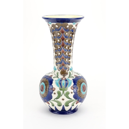 542 - Large Burmantofts faience glazed Partie-Colour vase, hand painted with stylised flowers, impressed m... 