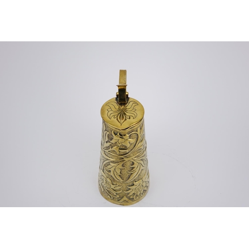 573 - Arts & Crafts brass jug by Keswick, the tapering body embossed with stylised flowers and foliage, im... 