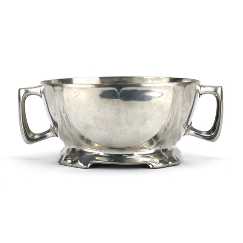 578 - Art Nouveau pewter bowl with twin handles by Orivit, 12cm high x 30cm wide