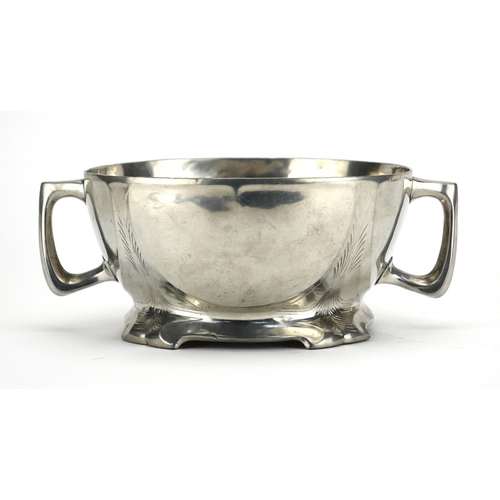 578 - Art Nouveau pewter bowl with twin handles by Orivit, 12cm high x 30cm wide