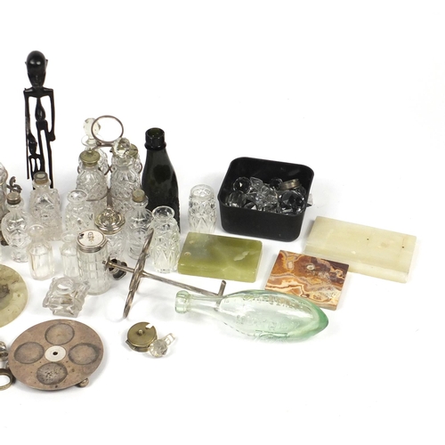 228 - Antique and later glassware including bottle cruets with silver plated stands and onyx ashtrays